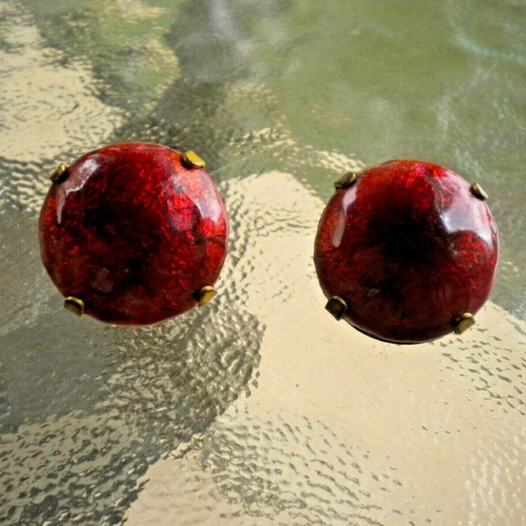 Limoges Jewelry - Retro MCM Lazerat Limoges Red Glass Brass Earrings